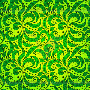 Seamless green pattern with leaves and dots - vector clipart