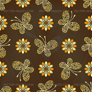 Seamless pattern with golden butterflies and flowers - vector image