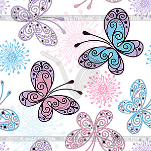 Seamless pattern with butterflies and flowers - royalty-free vector clipart