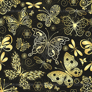 Seamless pattern with golden openwork butterflies, - vector clipart