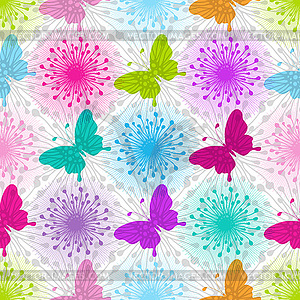 Бесшовный красочный геометрический узор с бабочками - векторное изображение