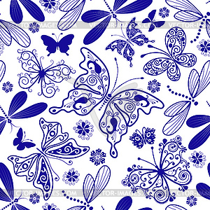 Seamless monochrome pattern with butterflies, - vector clip art