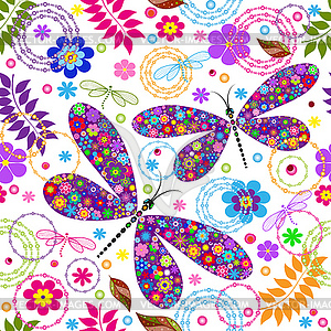 Seamless pattern with colorful flying dragonflies - vector image