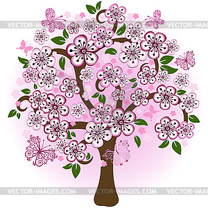 Blossoming cherry tree with butterflies - vector clipart