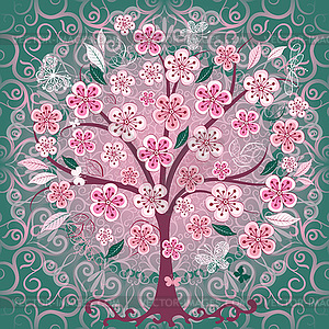 Blossoming cherry tree with butterflies, - vector clipart