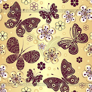 Бесшовный узор с бабочками и цветами - векторный рисунок
