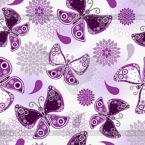 Seamless pattern with violet flying butterflies - vector image