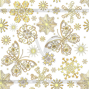 Seamless Christmas pattern with golden snowflakes - vector clipart