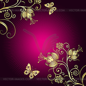 Vintage gold-purple frame with flowers and - vector image