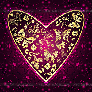 Purple Valentines frame with big red heart and - vector image