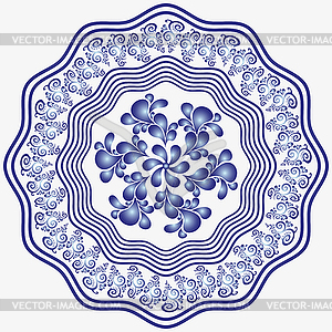 Round white and blue vintage floral plate in style - vector image