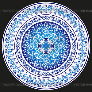 Round white and blue vintage floral plate in style - vector image