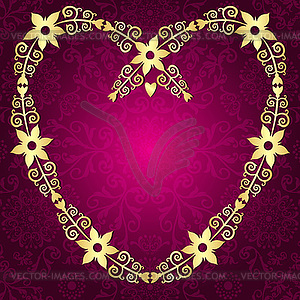 Рамка в форме сердца с золотым цветочным узором на - векторный графический клипарт