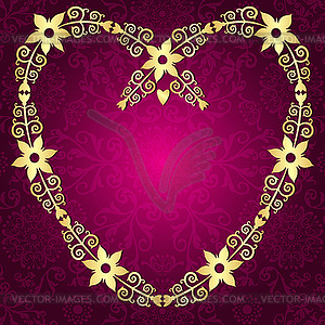 Heart shaped frame with golden floral pattern on - vector clipart