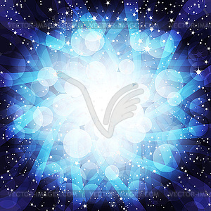 Bright blue frame with rays and stars with bokeh - vector clip art