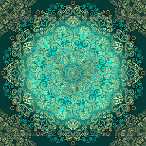 Vintage green gradient frame with big golden mandala - vector image