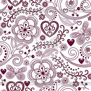 Monochrome purple pattern with hearts, flowers - royalty-free vector image