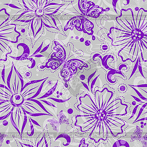 Seamless gray floral pattern with lace vintage curls - vector image