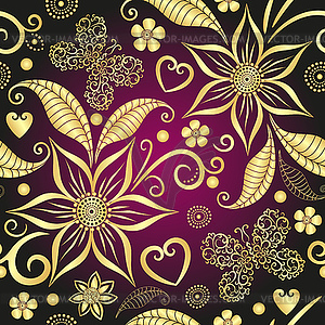 Seamless valentine purple floral pattern with gold - vector clip art