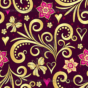 Valentine pattern with gold lace vintage curls and - vector clipart