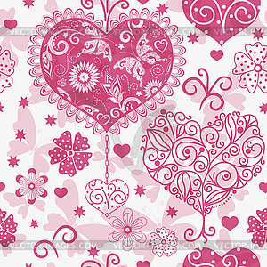Розовый бесшовный узор с сердечками, цветами - клипарт в векторном виде