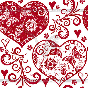 Red monochrome seamless pattern with hearts, flowers - vector clipart