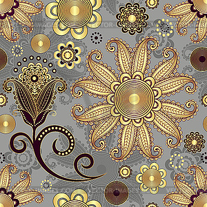 Gray seamless pattern with vintage golden flowers - vector image