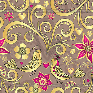 Бесшовный цветочный узор на день Святого Валентина с золотыми сердечками - клипарт в векторном формате