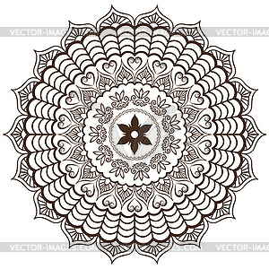 Mandala with wavy doodle elements and hearts - vector image