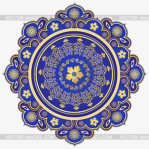 Blue and golden mandala with wavy doodle elements - vector clipart