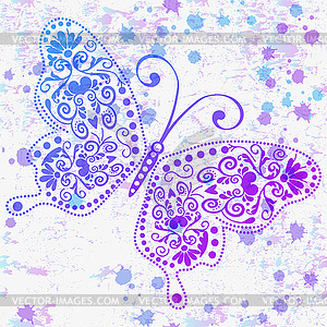 Vintage frame with big violet butterfliy and blots - vector image