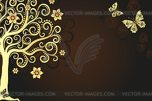 Card with stylized golden tree with curls and - vector image