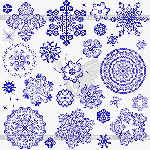 Набор рождественских филигранных голубых снежинок - клипарт в векторном виде