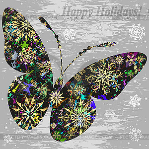 Christmas grunge silvery frame with big butterfly - vector clip art