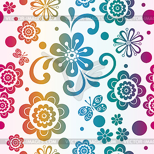 Градиентный цветочный узор с цветами и бабочкой - изображение в векторном виде