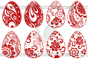 Праздничный набор из украшенной Пасхи красного монохромного цвета - изображение в векторном виде