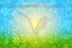 Spring frame with blue sky, green grass and sunburst - vector image