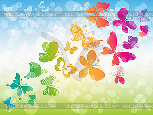 Spring frame with blue sky, green grass and colorfu - vector clipart