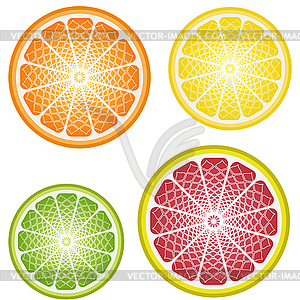 Stylized slices of citrus fruits - orange, lemon, - vector clip art