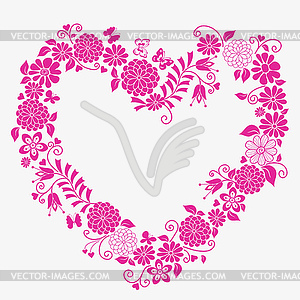 Decorative spring monochrome frame with floral heart - vector image