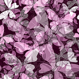 Seamless floral purple pattern with butterflie - vector image