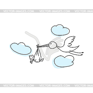 Doodle Sketch Stork With Baby - vector image