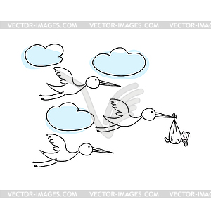 Doodle Sketch Stork With Baby - vector clip art