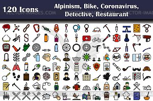 120 Icons Of Alpinism, Bike, Coronavirus, Detective - vector clipart