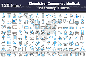120 Иконок Химии, Компьютера, Медицины, Фармации - векторный клипарт EPS
