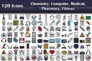 120 Иконок Химии, Компьютера, Медицины, Фармации - векторное изображение клипарта