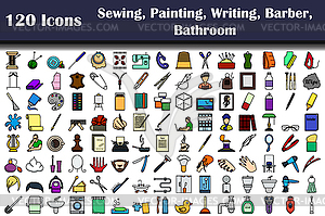 120 Icons Of Sewing, Painting, Writing, Barber, - vector image