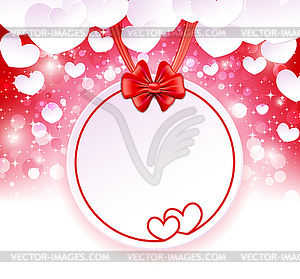 Paper banner with two hearts, bow and ribbons on - vector image