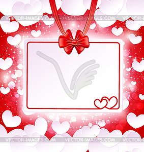 Paper banner with two hearts, bow and ribbons on - vector image