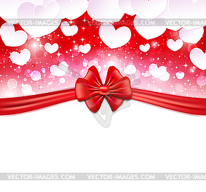 Glowing background with paper hearts, bow, ribbons - vector image